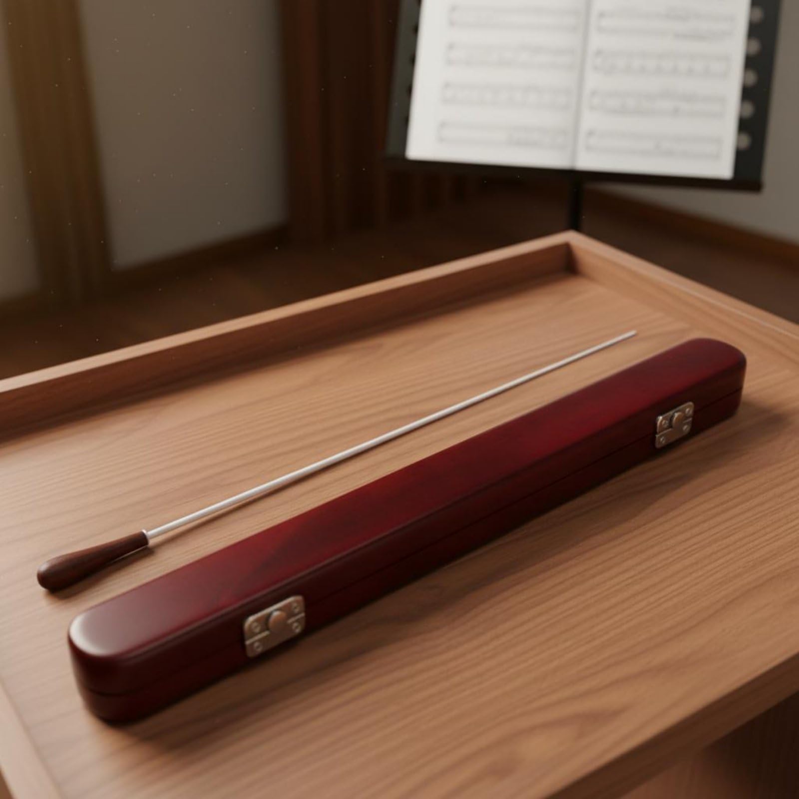 Dirigentenstab mit Etui aus Mahagoni, Bernstein, runder Kasten Taktstock
