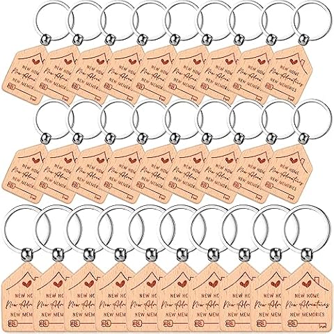 Inbagi 100 Pieces Home Keychain Bulk House Design Keychain Small House Shaped Keychains 2024 Welcome Home Keychain Gifts Homeowner Engraved Wooden Key Tag for Family Client Home Buyer Customer Cover