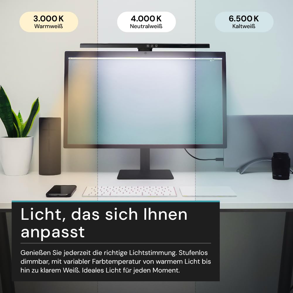 LUXULA 2er Set Monitor Lampe dimmbar mit Touch Control, LED Lichtleiste 50cm für Computer, USB Bildschirmlampe, PC Bürolampe, Schreibtischlampe Home Office - schwarz