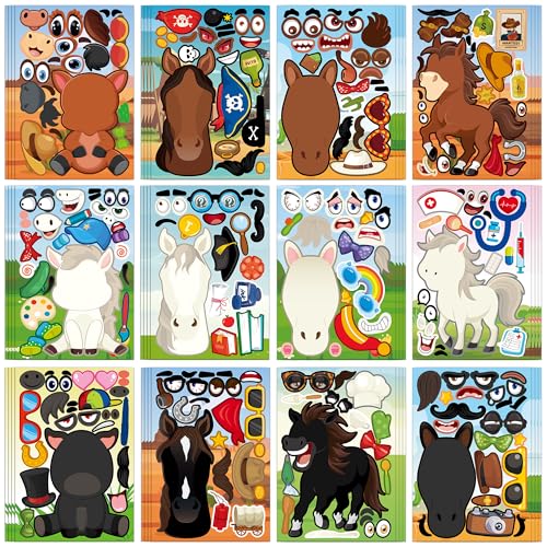 48PCS Horse Stickers for Kids- Make a Horse Face Stickers Kentucky Derby Party Favors Decorations Games Crafts Activities for Kids Toddler Classroom Birthday