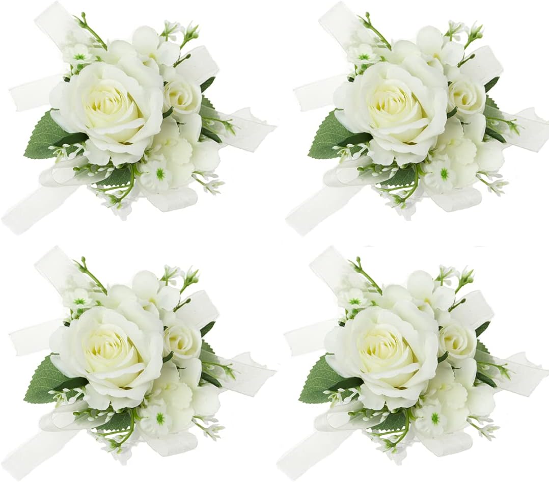 4 Pieces/lot Artificial Rose Flowers Wedding Bride Wrist Corsage Hand Flower Party Decoration (Ivory Wrist Corsage) - Image 2