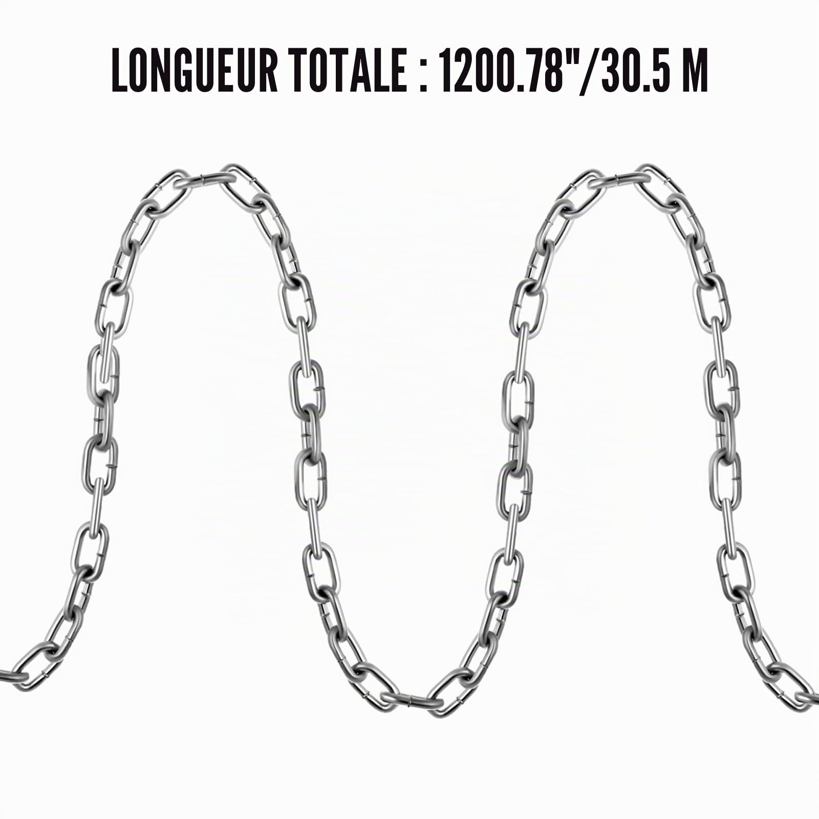 VEVOR Chaîne à Maillons en Acier au Carbone Galvanisée, 5,1 mm x 30,48 m, Capacité de Charge 498 kg, 2 Connecteurs Rapides, Chaîne pour Remorquage, Suspension, Camping, Attacher Animaux de Compagnie