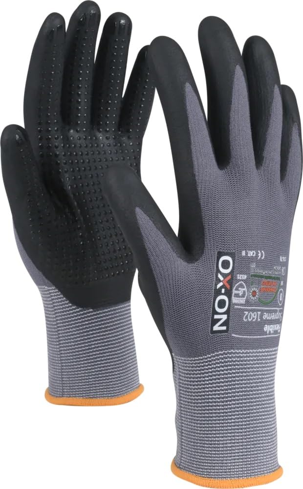 OX-ON Flexible Supreme 1602 Arbeitshandschuh Montagehandschuh | 170.80 | Nopperl - Handfläche genoppt | Nitrilbeschichtung | Größe 7 (S) bis 11 (XL) | 45% Nylon, 35% Nitrile, 20% Lycra (12, 10 (XL))