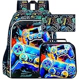 gxtvo 3 peças mochila de jogos para meninos, 40,6 cm mochila infantil com lancheira, resistente à água, pré-escola primária – 2 x consoles de jogos brancos