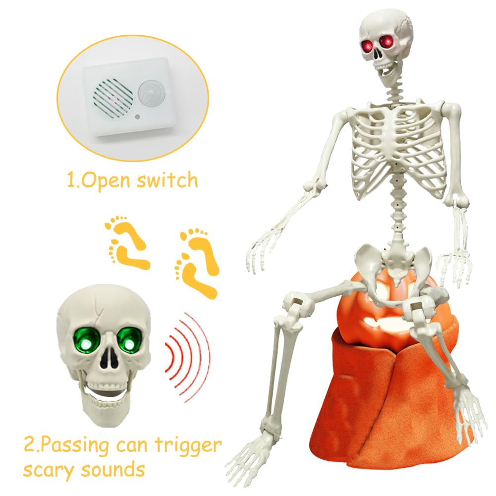 Esqueleto de Halloween de 165 cm, esqueleto de cuerpo completo con capa negra, huesos humanos de tamaño real para Halloween, patio delantero, patio, césped, jardín, accesorios de decoración de fiesta