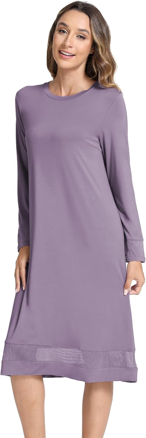 GYS Bamboo Viscose Women's Nightgowns Long Sleeve Spliced Lace Sleep Shirts - Image 3