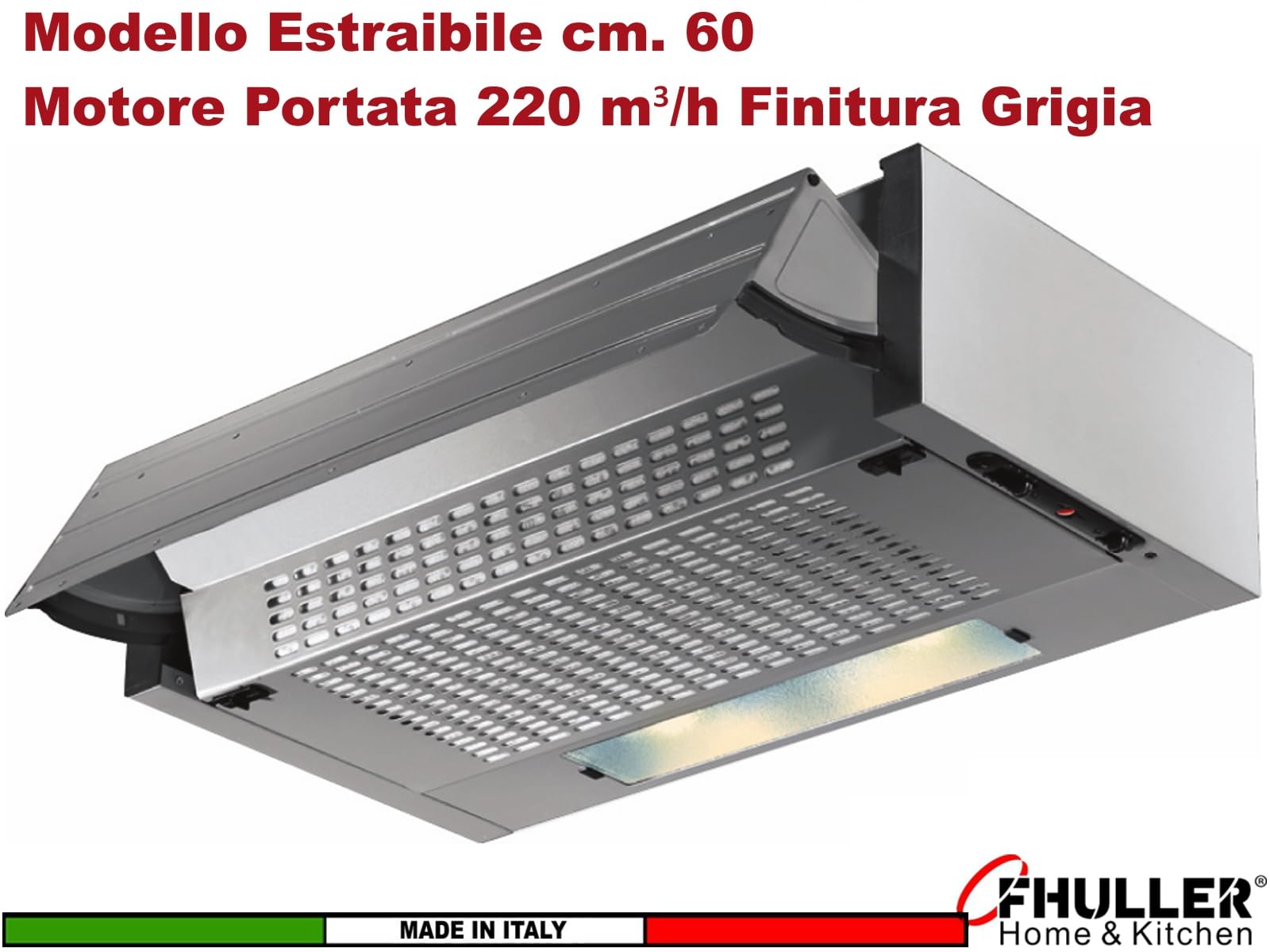 Cappa ESTRAIBILE Gruppo Incasso 60 Sottopensile Tecnowind K104R0076 Motore 220 m³/h Classe D SENZA FRONTALINO Illuminazione a LED 2,5 E14 Comando Meccanico Filtro Acrilico