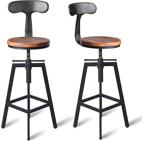 Taburetes de bar industriales con respaldo, taburete de metal giratorio ajustable vintage, silla de asiento de madera, altura de mostrador, silla de