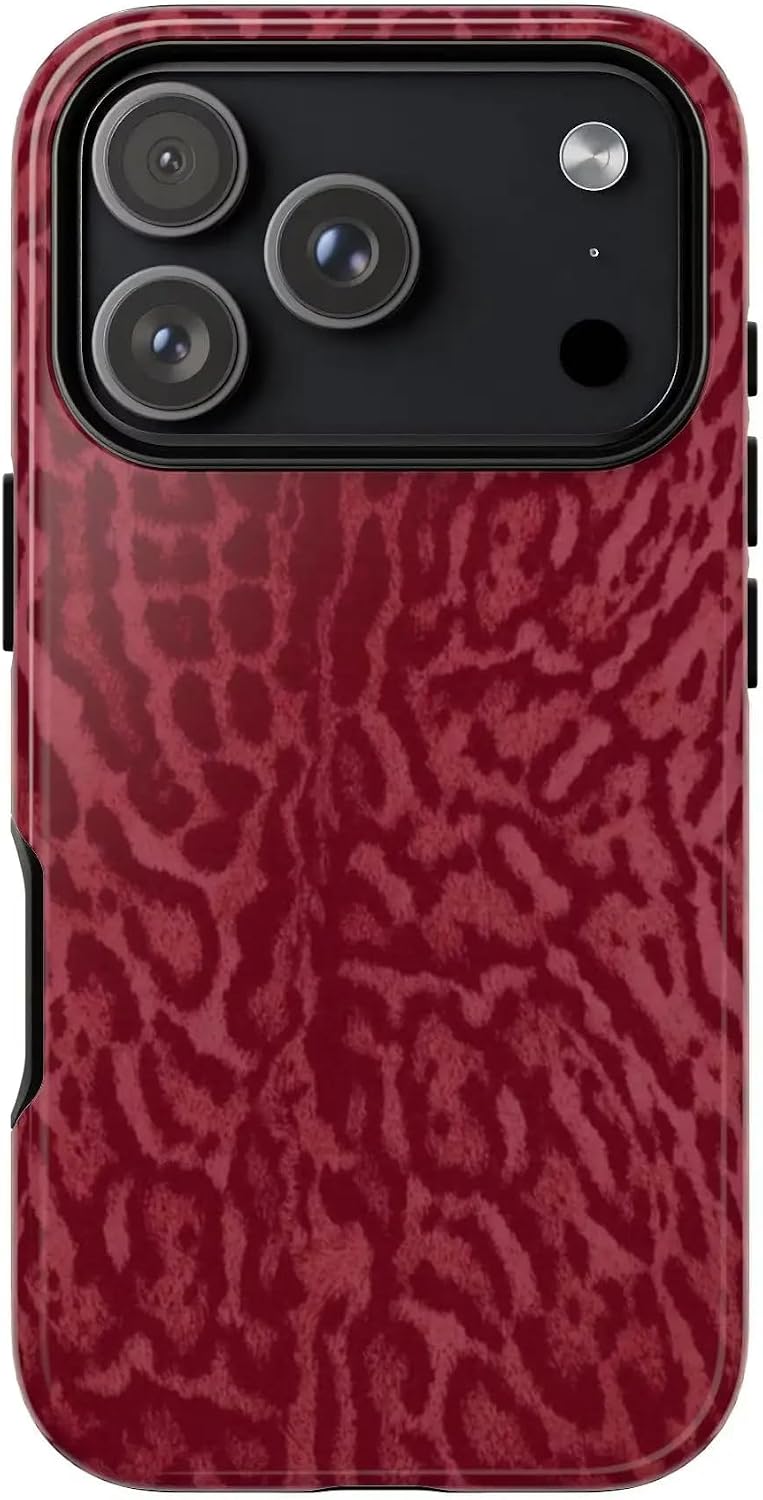 Burgundy Leopard Print Tough Phone Case, Stylish Protective Cover Hard Case for iPhone 17 16 15 14 13 12 Compatible with Samsung Galaxy S26 S25 S24 Series (Burgundy, iPhone 17)