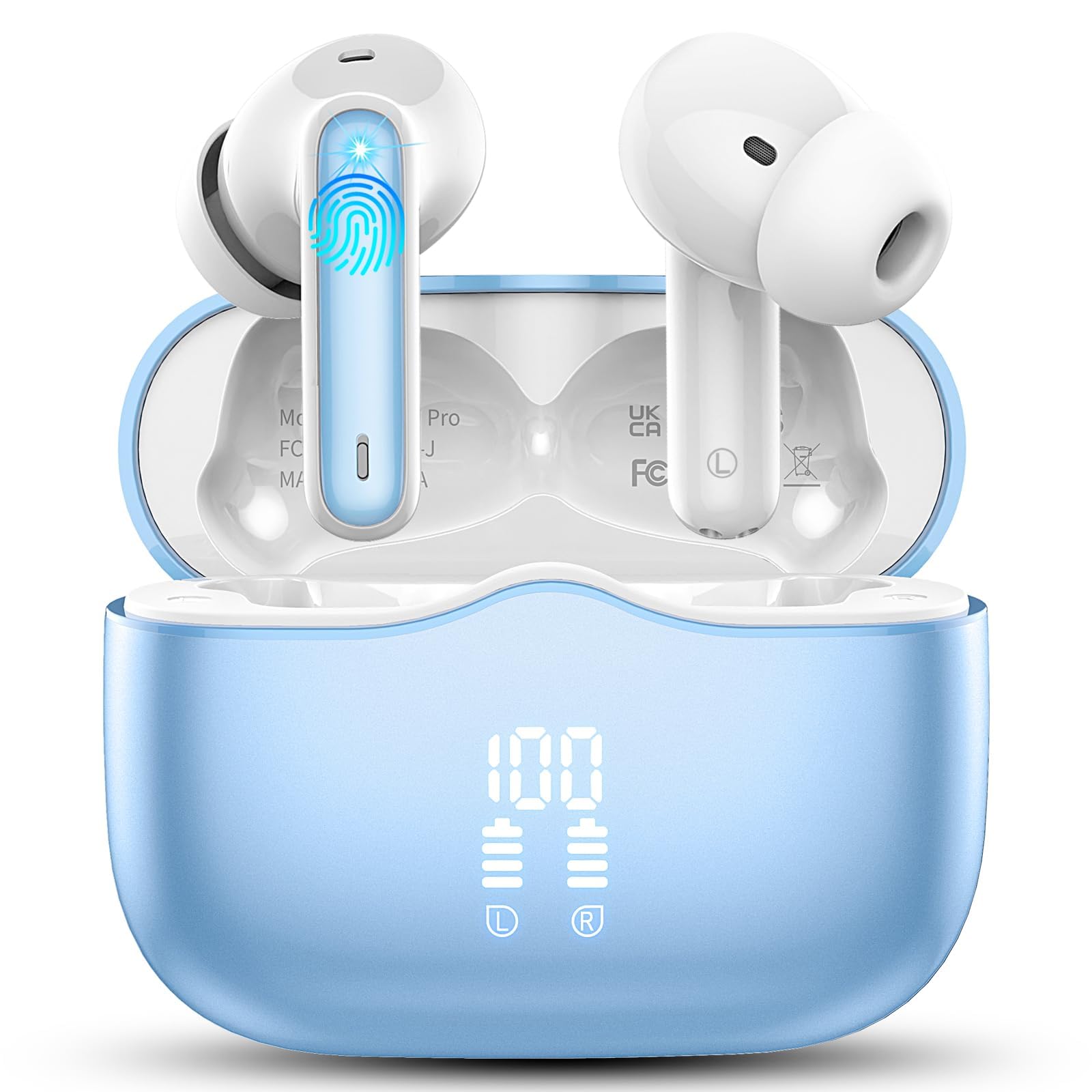 Wireless Earbuds, Bluetooth 5.4 Headphones in Ear with 4 ENC Noise Cancelling Mic, New Wireless Earphones HiFi Stereo Deep Bass 40H Playtime, In-Ear Bluetooth Earbuds LED Display IP7, USB-C, Lake Blue