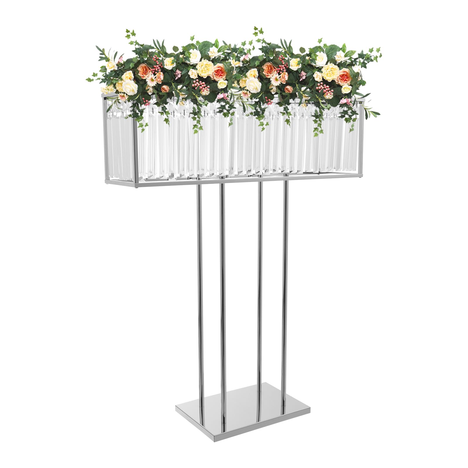 Support à fleurs 70 cm - Fer et cristal - Pour anniversaire, fête et hall d'hôtel | Décoration de mariage - Charge maximale de 5 kg - Argent - Centre de table élégant ou marque-page autoportant