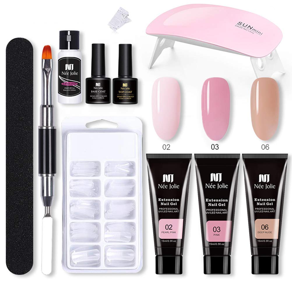 Nail Extension Gel Kit, Gel Nail Kit with Light, Nail Enhancement Extension Kit Manicure Set with 3 Colors Extension Nail Gel, Base Top Coat, 100 Extension Nail Tip for Nail Art Starter Kit(E)