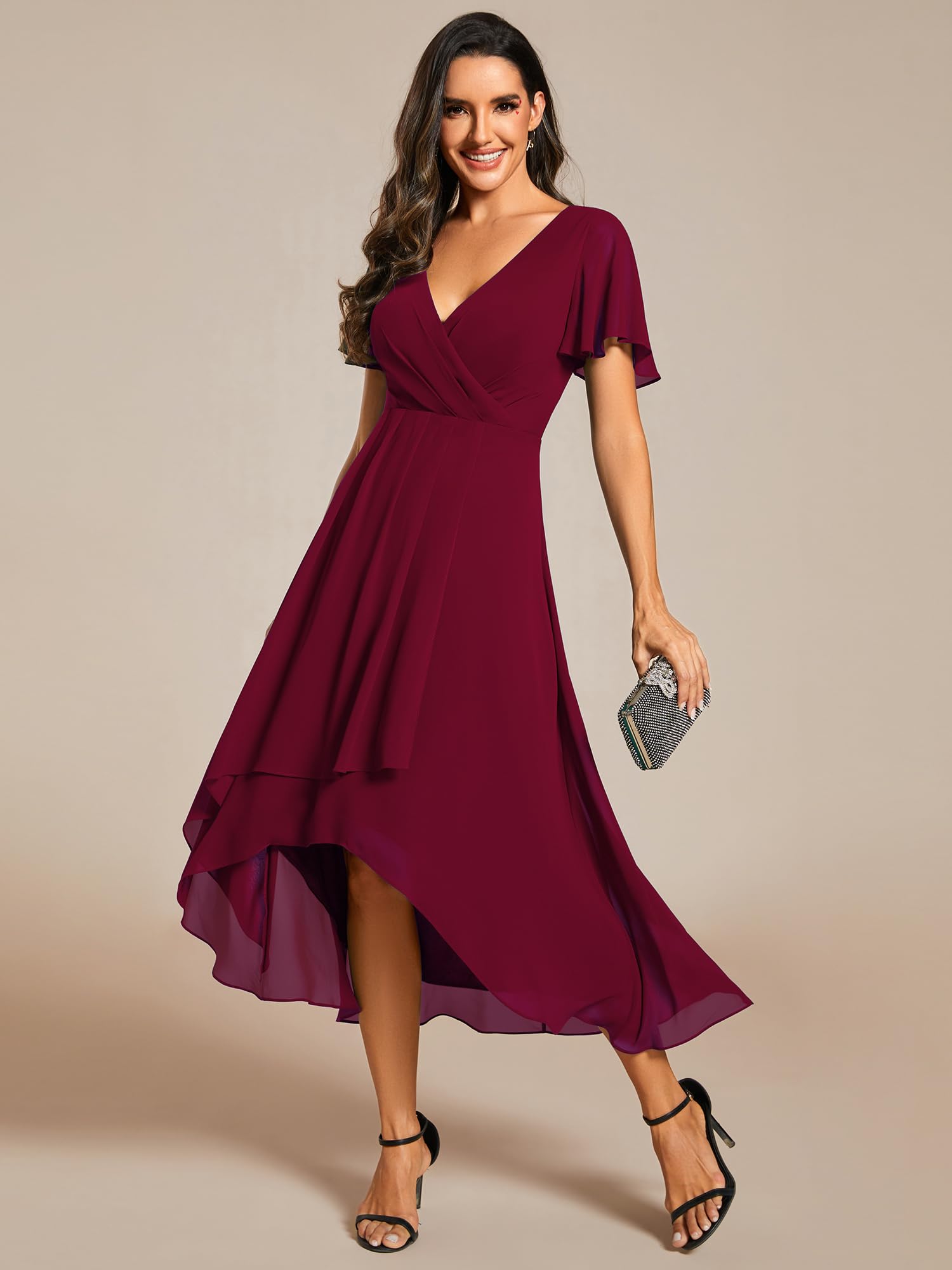 Ever-Pretty Robe D'Invité Jupe Trapèze Col en V Manches Volantées Robe Femme Chic Et Elegant Belle Robe Soirée Bordeaux 42
