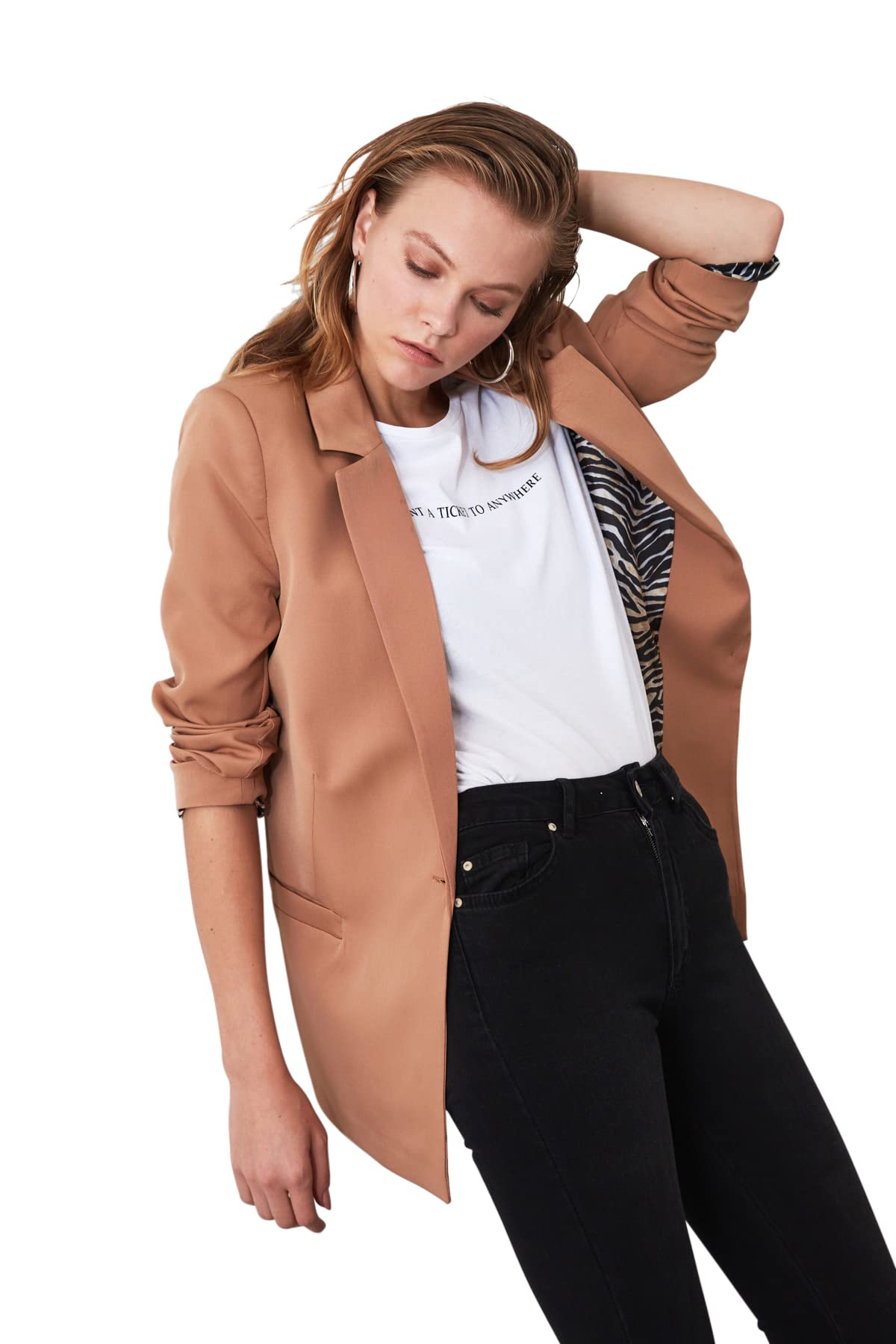 Trendyol Chaqueta Blazer para Mujer, Color Camel, marrón Claro, 42