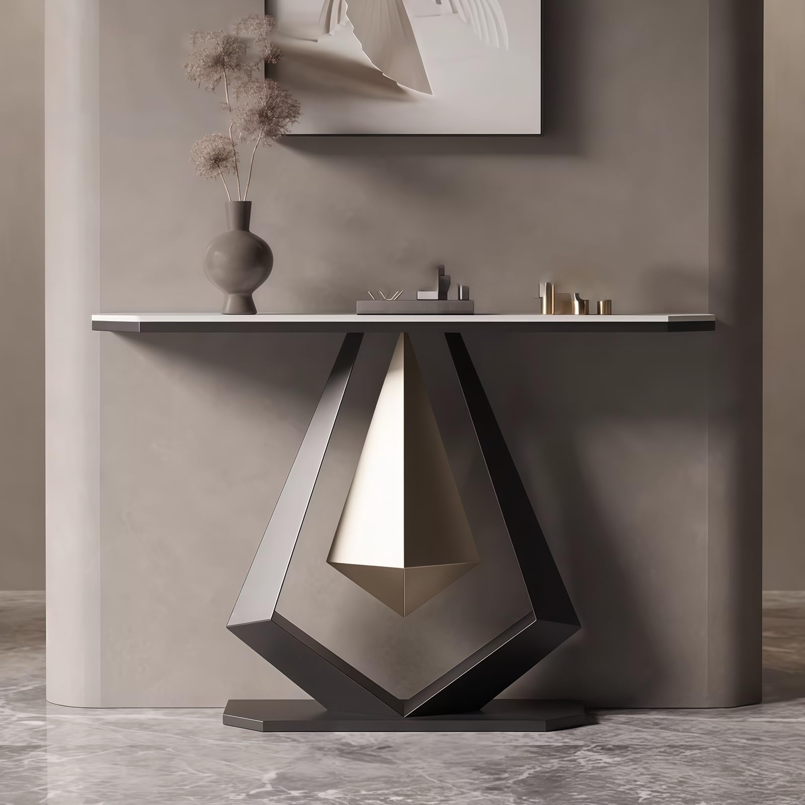 Mesas consola para recibidor con panel de piedra y estructura metálica, mesa consola estrecha con tablero de piedra decorativa, ideal para sala de estar, vestíbulo, dormitorio o pasillo (negro + bla