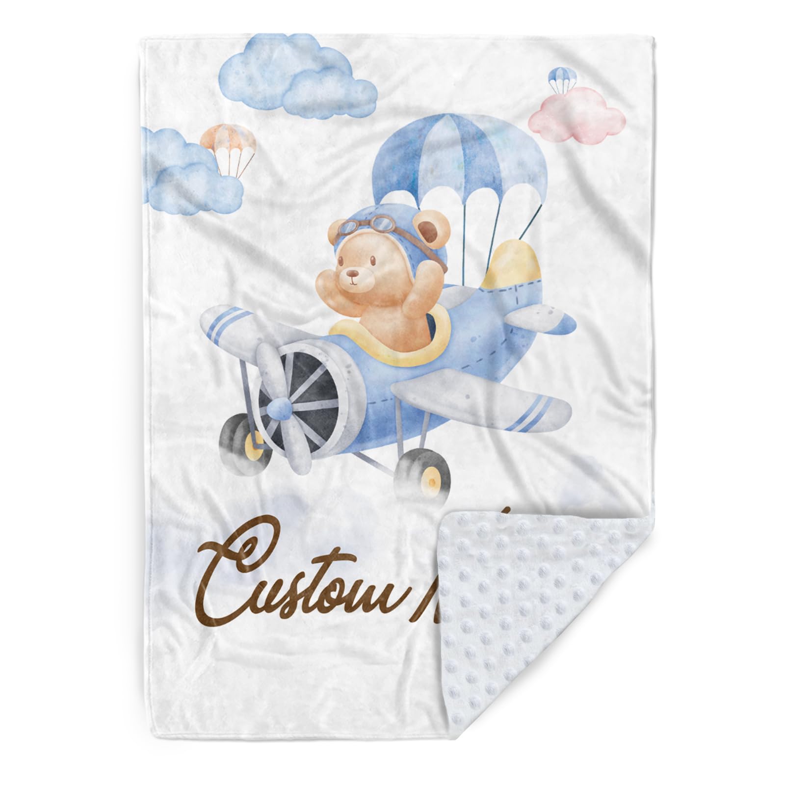 Mybbao Personalized Baby Blanket, Double Layer Soft Custom Blankets for Newborn Boys Girls with Name, Flannel Customized Throw Blanket Bear Dot Back for Baby Shower, Birthday Gifts