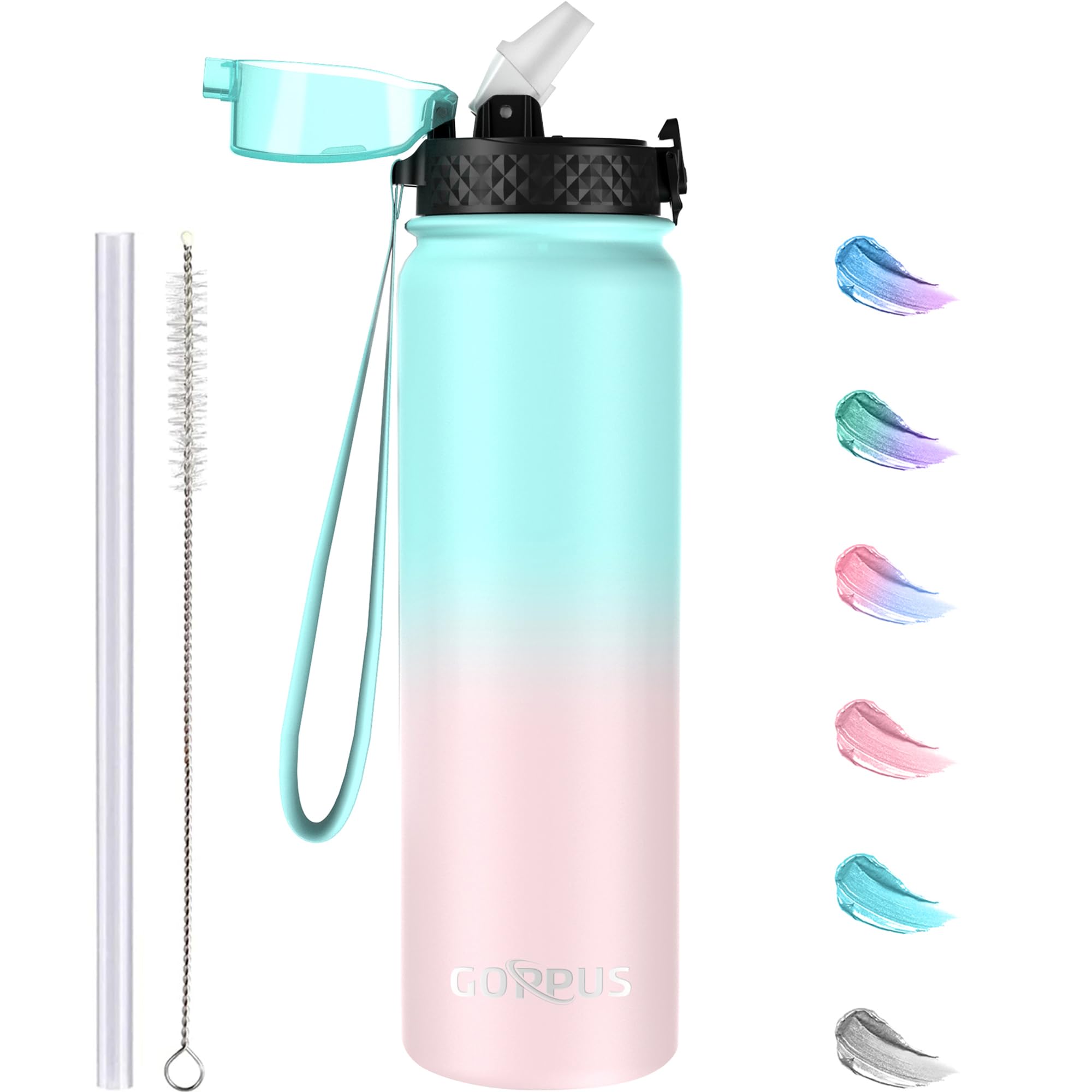 GOPPUS 1L/32oz Stainless Water Bottle with Straw Double Wall Insulated Bottles with Strap Reusable Vacuum Thermal Flask Leakproof Keep Cold Drinks Bottles with Flip Top Lid for Gym Men Women BPA Free — image 1