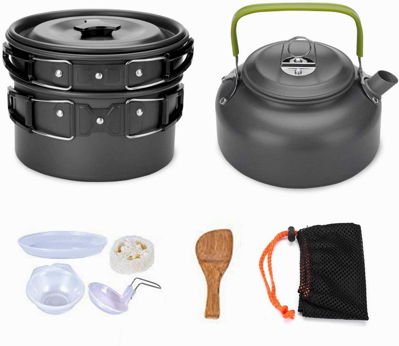 Sponsored Ad - Camping Cookware Mess Kit with Storage Bag – 10 pc Set Includes Pot, Pan, Teapot, 3 Bowls, 1 stirer & Dish Cleaner – for Outdoor Camping, Hiking, and Picnics – Portable, Aluminum