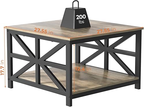 Miniatura 62 de GreenForest Mesa auxiliar con esquina redonda, mesa central de granja con estante de almacenamiento de 2 niveles, diseño de marco en X para sala de