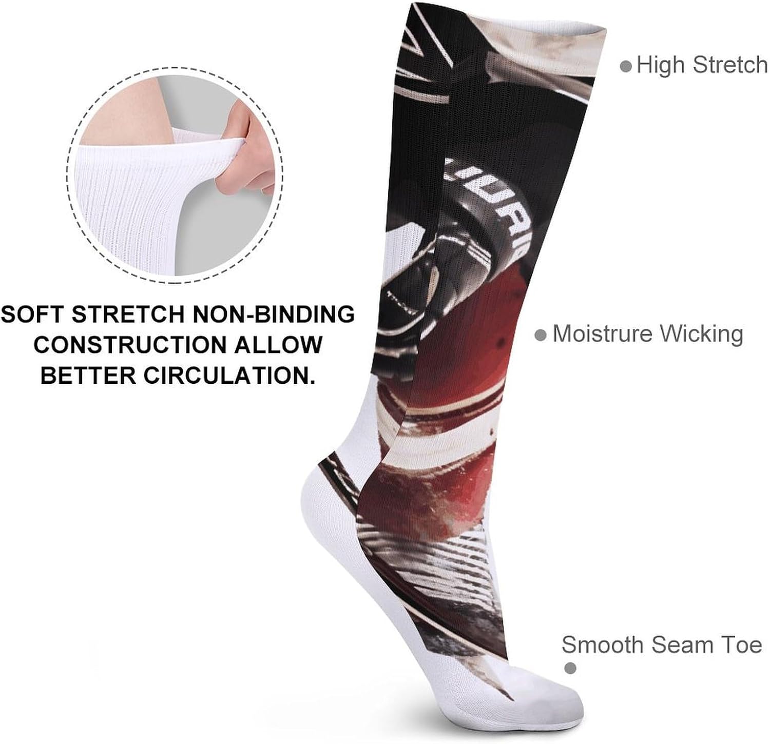 Breathable Crew Sock, Moisture Wicking, Athletic Calf Socks, Cozy | Ice Hockey Pattern Compression Socks for Women Men, Lightweight High Work Socks for Business, Casual