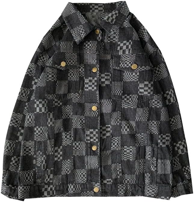 Men's Checkerboard Plaid Denim Spring And Autumn Loose Work Korean Style Mens Graphic Jean Jacket