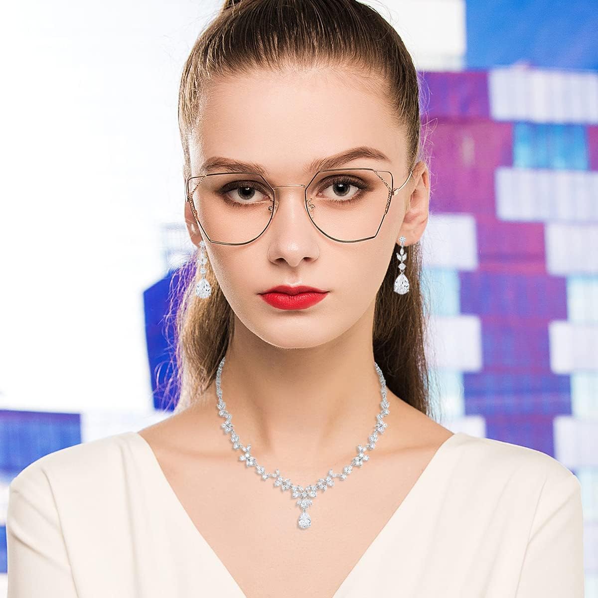 Bridal Wedding Jewelry CZ Set Marquise Teardrop Cubic Zirconia Pendant Necklace and Dangle Earring Bracelet Sets for Women