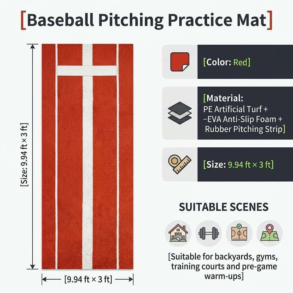 Baseball Pitching Mat with 10x3ft Rubber Mound, Anti-Slip Foam Backing Softball Pitching Mat for Pitchers