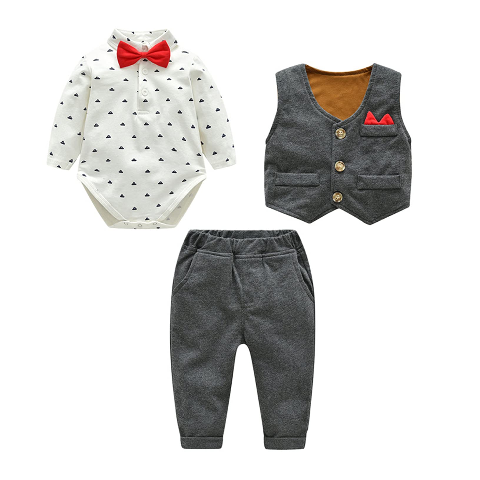 Yeahdor 4Pcs Toddler Baby Boy Gentleman Outfit with Formal Shirt Bow Tie Vest Pants Wedding Tuxedo Suit Grey 2-3 Years
