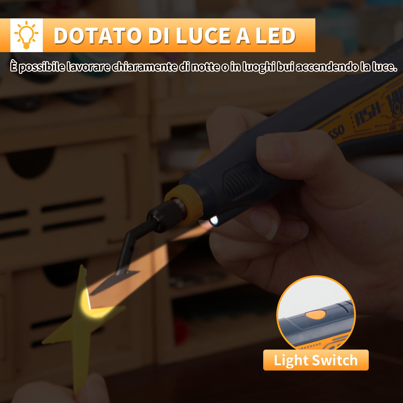 Levigatrice alternata, velocità variabile e ricarica USB con luce LED, levigatrice a penna con 6 testine di levigatura, adatta per levigatura, lucidatura, finitura, lavori fai da te (Blu)