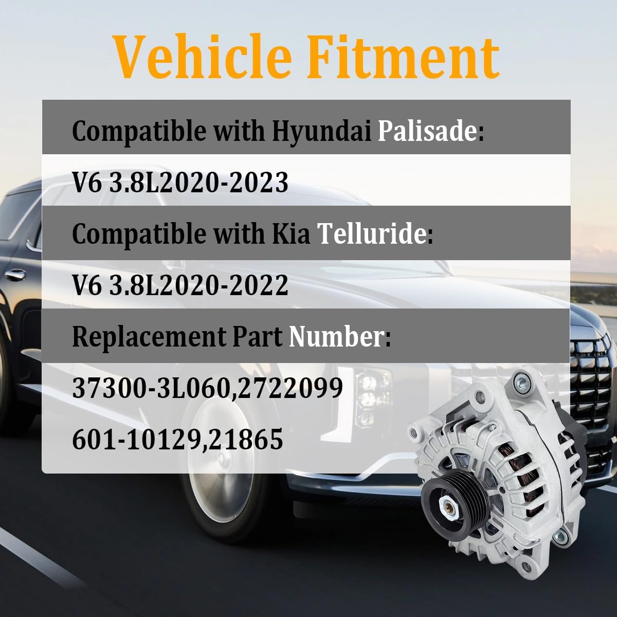 37300-3L060 180Amp Alternator Compatible with Hyundai Palisade 2020-2023 3.8L, Replace 2722099, 601-10129, 373003L060