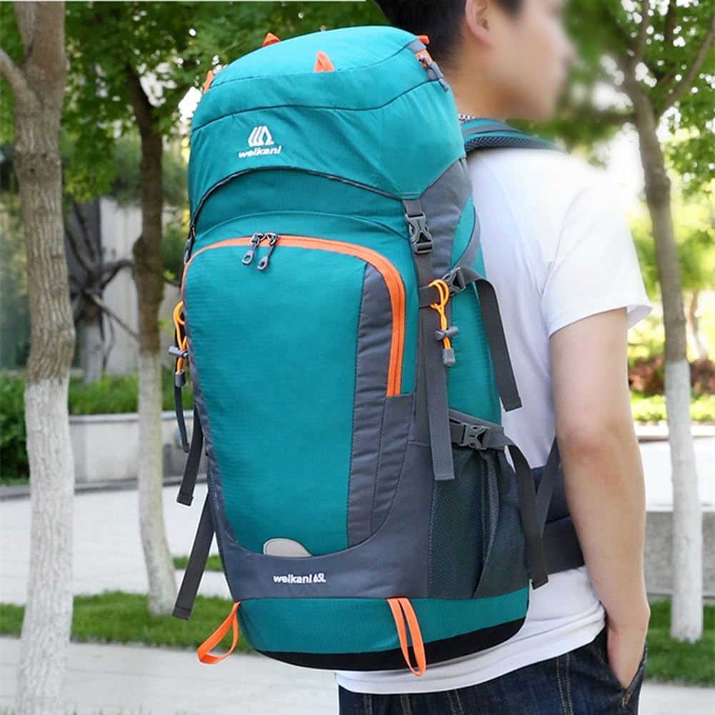 Zaino da trekking di grande capacità da 65 l, con nylon resistente all'acqua, tasche multiple, retro traspirante, per campeggio e trekking (blu lago)