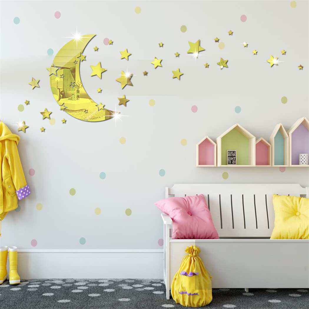 Moon and Stars Mirror Wall Stickers, Removable Acrylic Crescent Moon and 146 PCS Stars Wall Mirror Stickers Decals, 3D Moon Star Art Wall Decoration for Baby Kid Bedroom Living Room Ceiling (Gold)