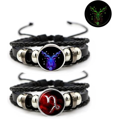 2Pcs Multilayer Constellation Zodiac Leather Bracelet Vintage Black Leather Bracelet Adjustable Handmade Woven Bracelet Birthday Trendy Jewelry for Women Men