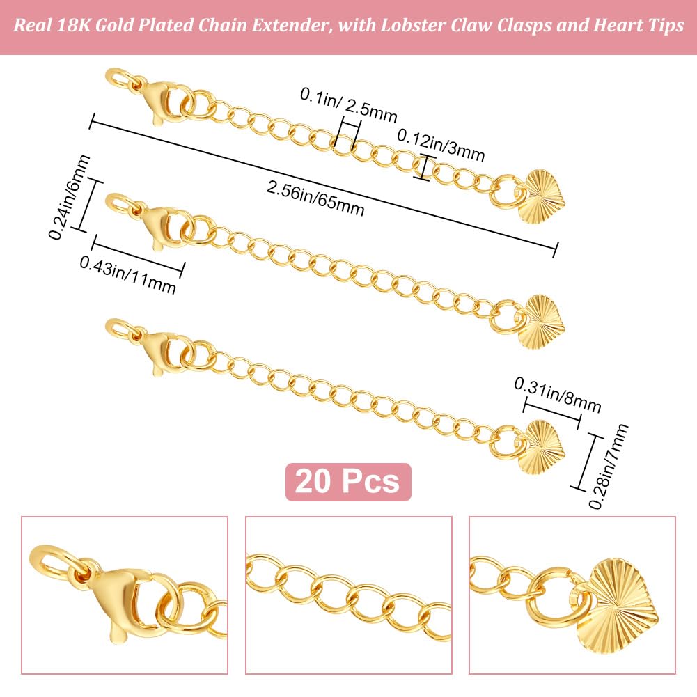 Beebeecraft 1 boîte Contenant 20 Extensions de Bracelet plaquées avec de l'or 18 carats avec Une Prolongation de chaîne à manivelle des fermoirs mousquetons et des Boucles de chaîne en Forme de cœur