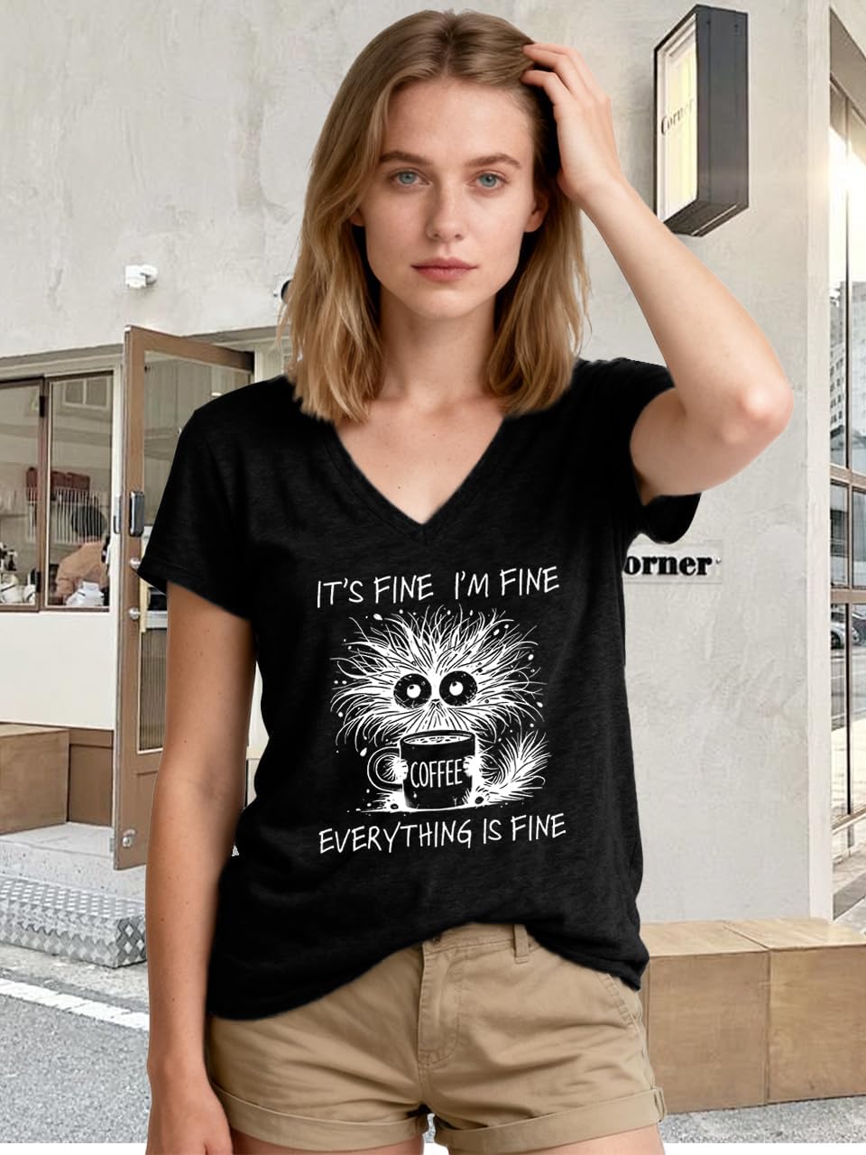 Women's I'm Fine Everything is Fine Short Sleeve Funny V Neck T Shirts Casual Cute Cat Graphic Tee Blouse Tops - Image 3