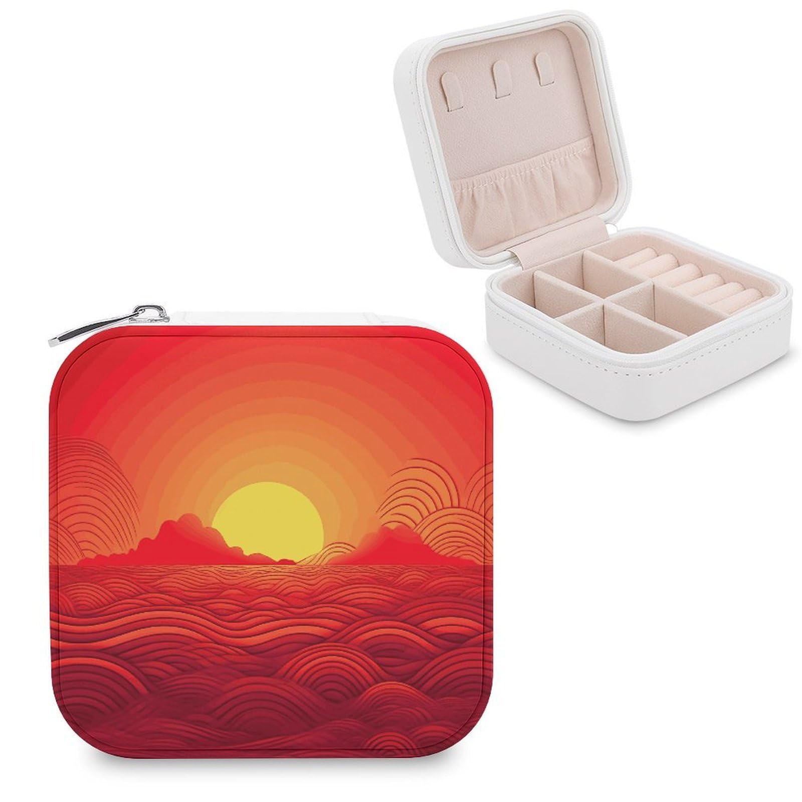 JTREHY Travel Red Sunrise Jewelry Case Portable Display Storage Box PU Leather Mini Jewelry Travel Case Personalized Travel Jewelry Organizer Small Jewelry Box for Women