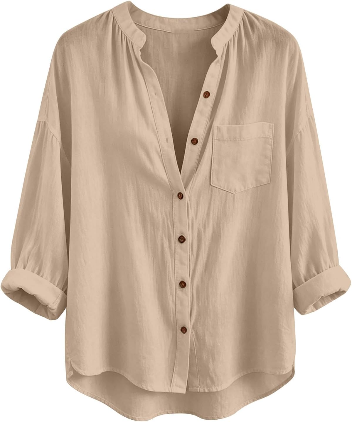 Women Stand Collar Henley Shirt Long Sleeve Button Down Loose Fit Blouses Curved Hem Summer Casual Vacation Outfits