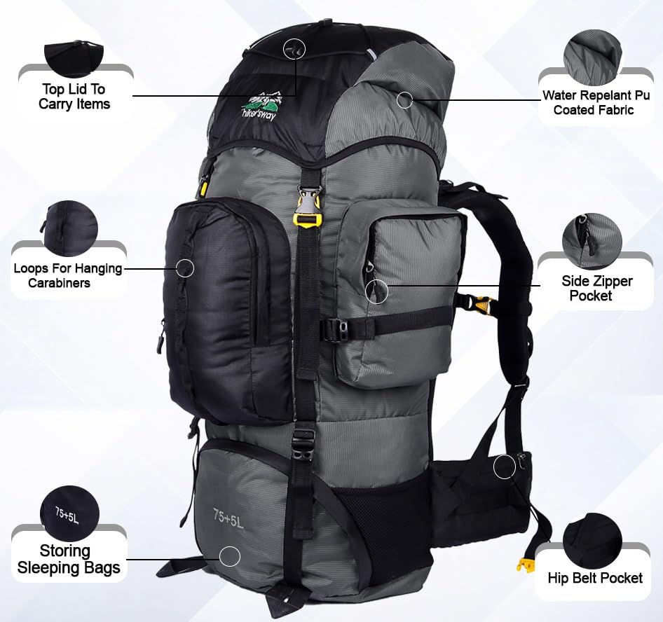 Image of hiker's way 75+5 Ltrs Rucksack bags Rucksacks for men Trekking bags for men backpacks Travelling Bag For men and women with waterproof compartment with rain cover