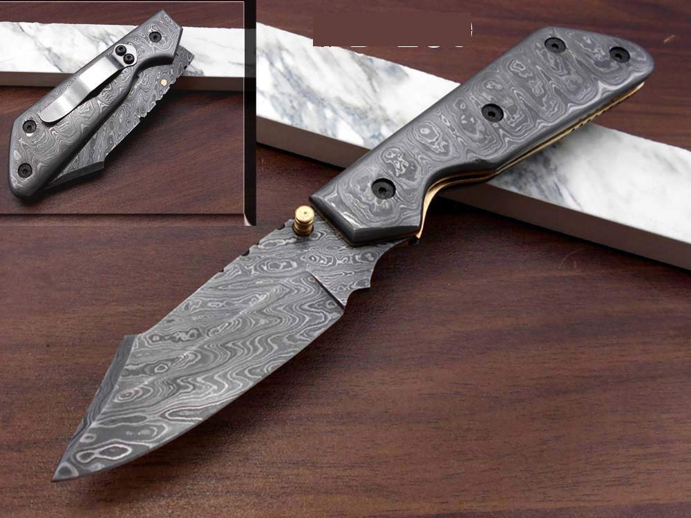 Damascus Depot 8" Long Steel Custom Made Folding Knife with Pocket Clip, Steel Scale 4" Hand Forged Blade Cow Hide Leather Sheath