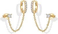 PAVOI 14K Gold Plated Double Piercing Chain Huggie Hoop Earrings with CZ Stud - Lightweight Dangle Stack for Women