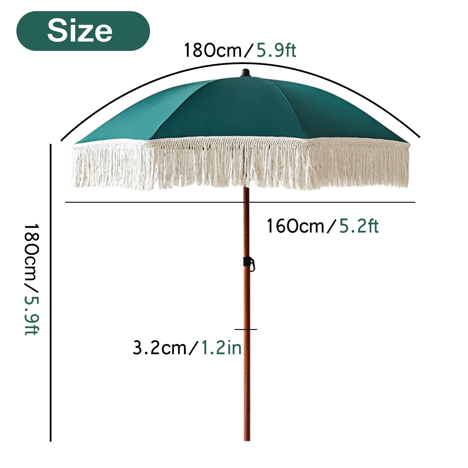 Genérico Sombrilla Jardín Verde para Terrazas Playa Patios, Parasol con Flecos Resistente al Viento, Impermeable y con Protección UV