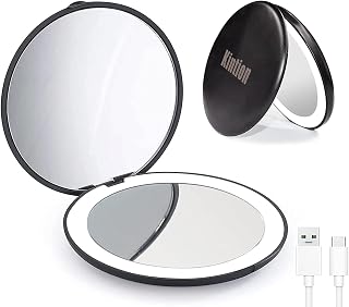 Kintion Compact Mirror, 3.5" Rechargeable Pocket Mirror, 1X/10X Magnifying Round Purse Mirror for Travel, Home, Party, Office, Purse(Black)