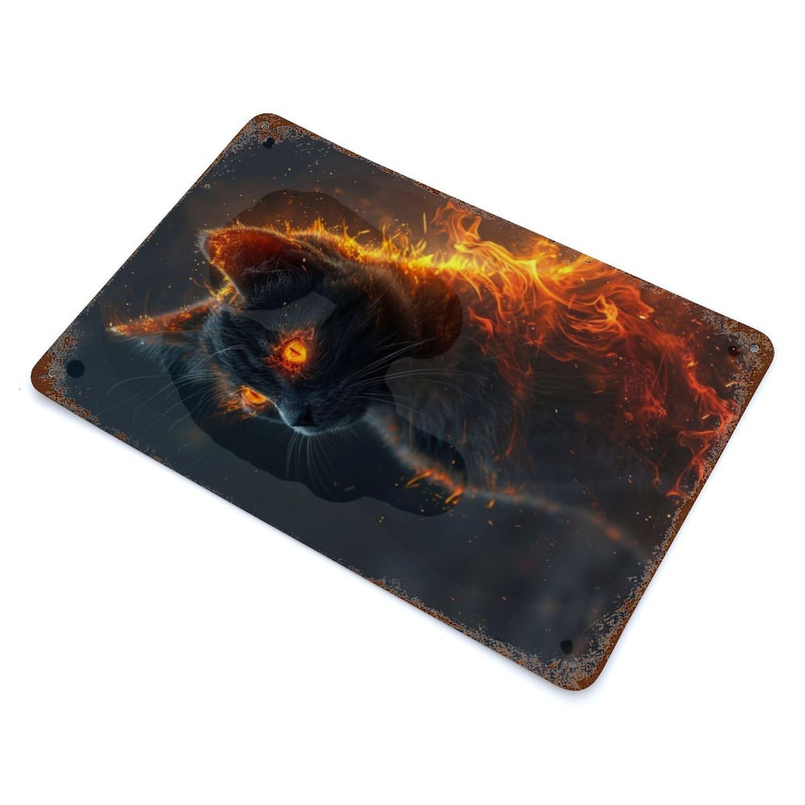 Rust Effect Kitten On Fire Rusty Metal Tin Sign 11.8"x7.9", Rustic Home Decor for Living Room, Hallway And Home Decor