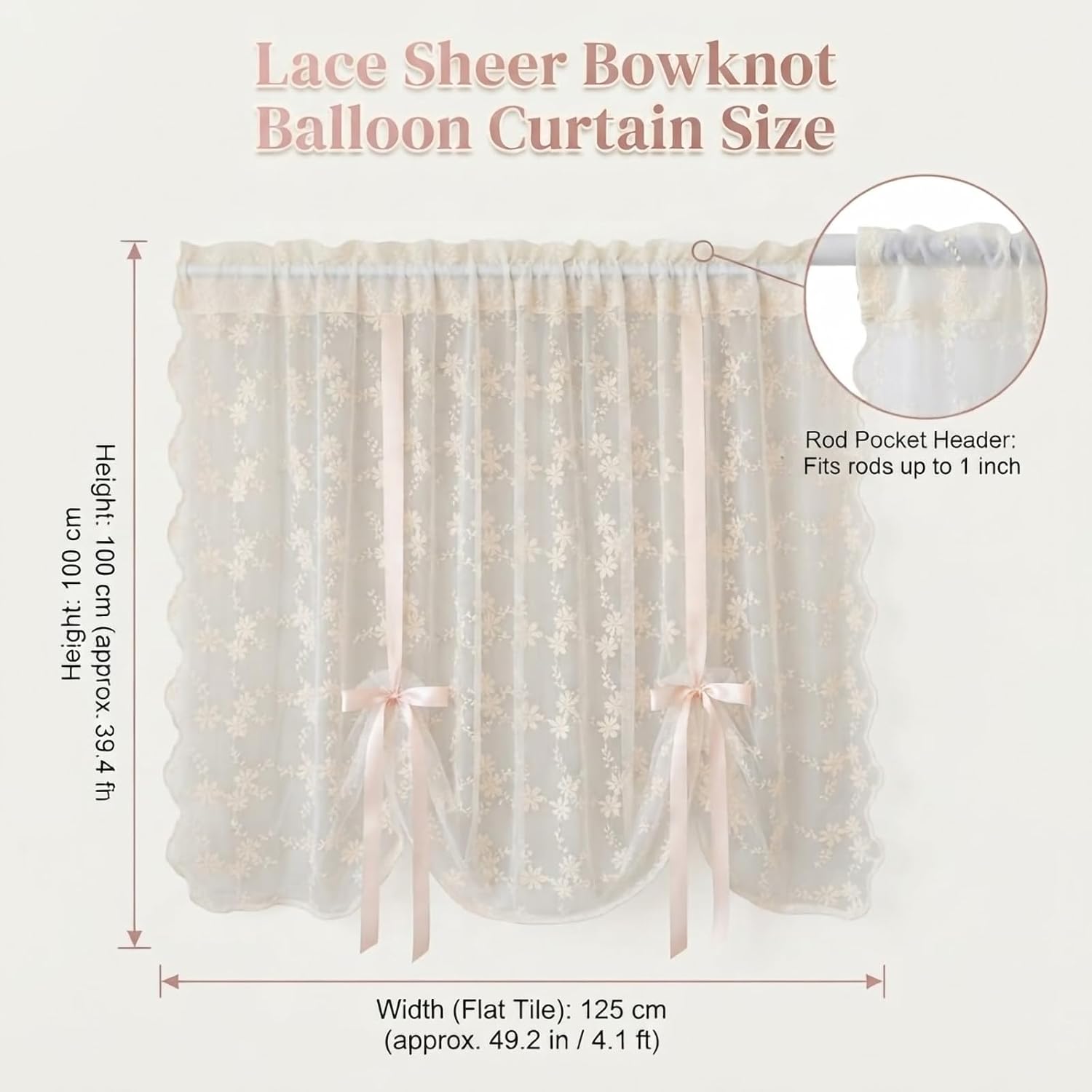 Vintage Lace Curtains,Floral Embroidery Sheer Tie Up Balloon Curtain