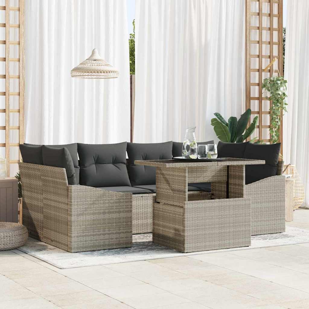 Set di mobili da giardino in polyrattan con tavolo, 7 pezzi, grigio