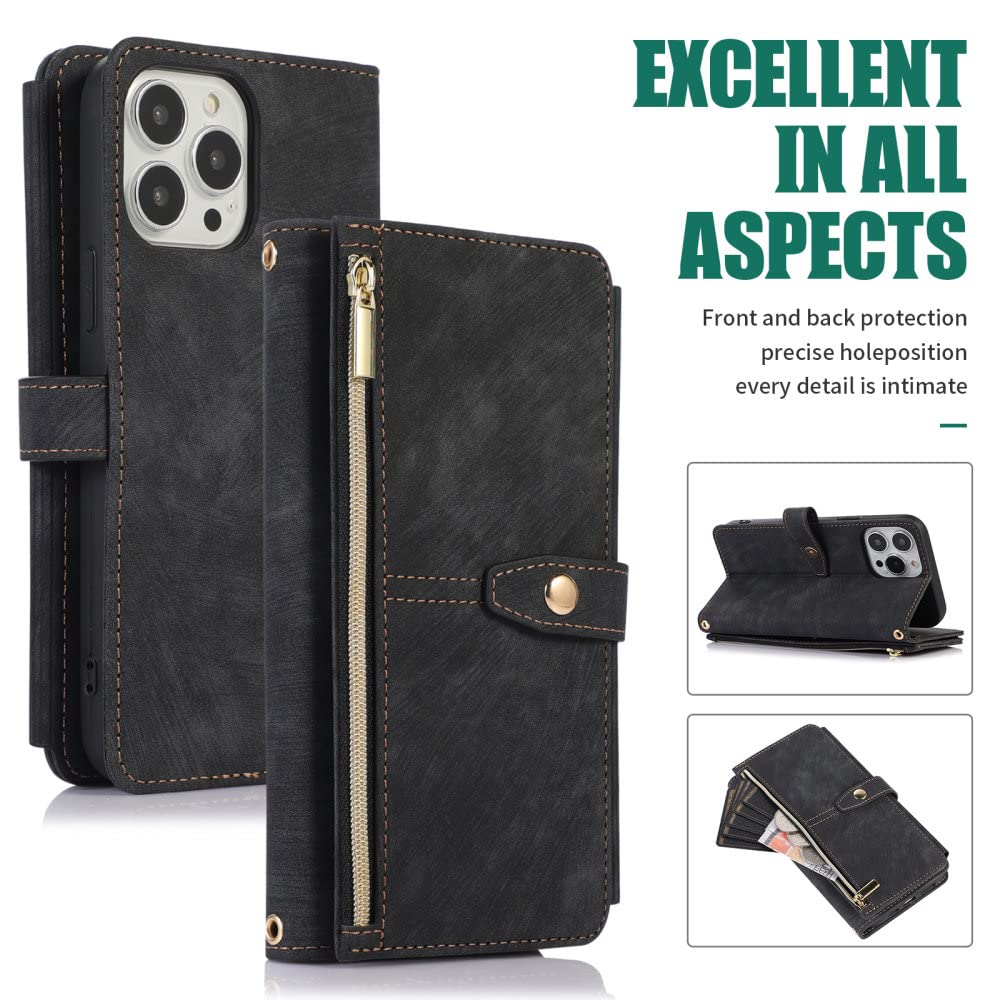 Funda para teléfono con Billetera con Cremallera Cruzada para iPhone 15 14 13 12 11 Pro MAX Mini X XS 8 7 Plus SE 2 3 Funda de Cuero con cordón para Tarjetero, Negro, para iPhone 11 Pro