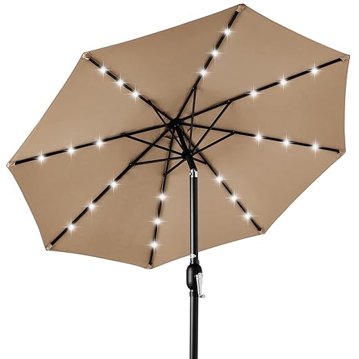 Best Choice Products 10ft Solar Powered Aluminum Polyester LED Lighted Patio Umbrella w/Tilt Adjustment and UV-Resistant Fabric - Tan