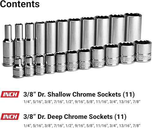 Miniatura 6 de Capri Tools - Juego de llaves de vaso de 38 pulgadas, 12 puntos, poco profundas y profundas, SAE, de 14 a 78 pulgadas, 22 piezas con riel de vaso de