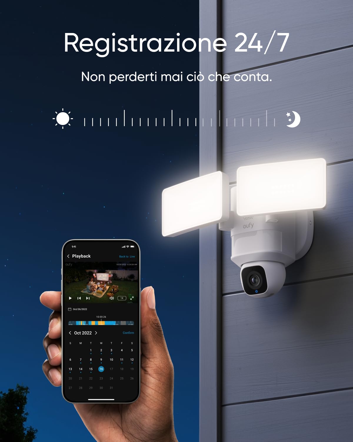 eufy Security Floodlight Cam E30, Telecamera Wi-Fi Esterno, 2K | Rotazione Panoramica e Inclinazione 360°, Rilevamento e Tracciamento con IA, 2000 Lumen, Registrazione 24/7, No canone.