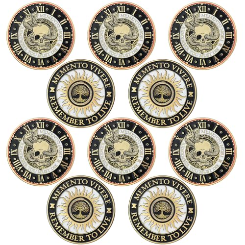 Image of Misdary 10 Pcs Souvenir Coin Mori Memento Vivere Reminder Token Metal Skull Challenge Coin Locket Stoicism Gift Challenge Reminder Pendant for Daily Practice Stoic (Gold Style